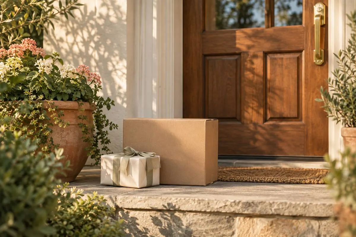 Cardboard package and a small wrapped gift on a sunlit front step beside a planter.