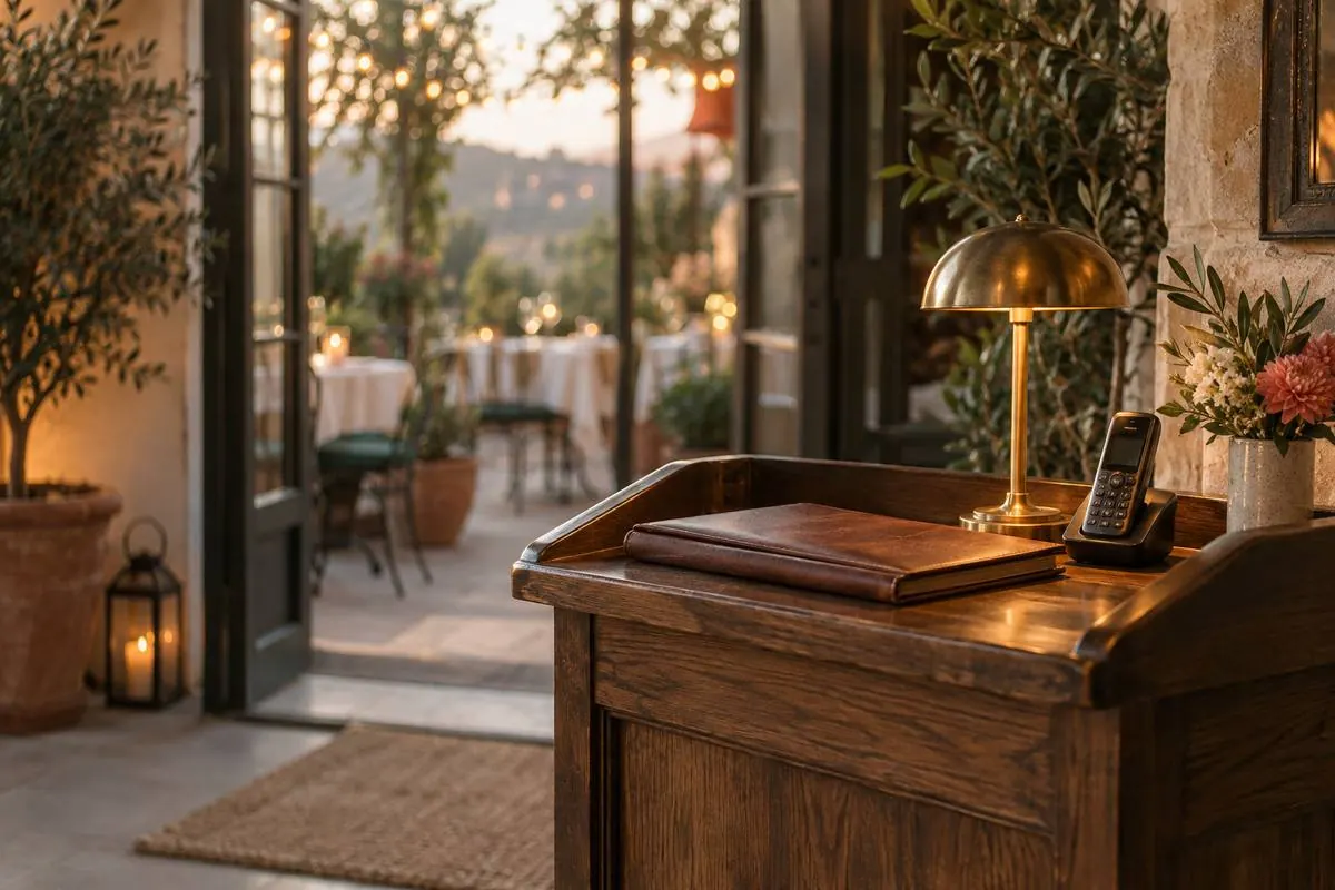 Restaurant host stand at dusk, closed reservation book, a patio with string lights behind.